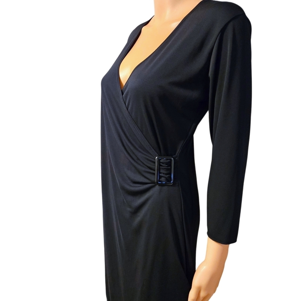 VTG Black Wrap Dress Grace Dresses Sz S Korea Made Buckle Detail V-Neck Career - Picture 3 of 10